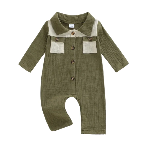 Contrast Color Long Sleeve Baby Romper with Pockets