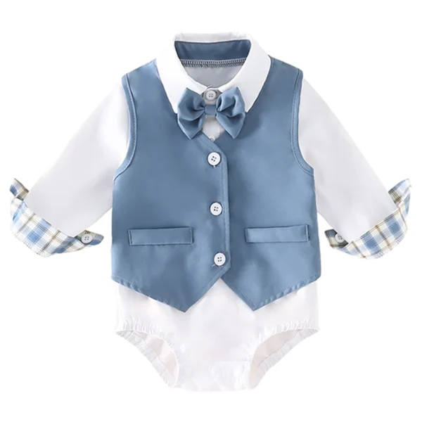 Plaid Cuff Long Sleeve Button Down Romper with Vest Set