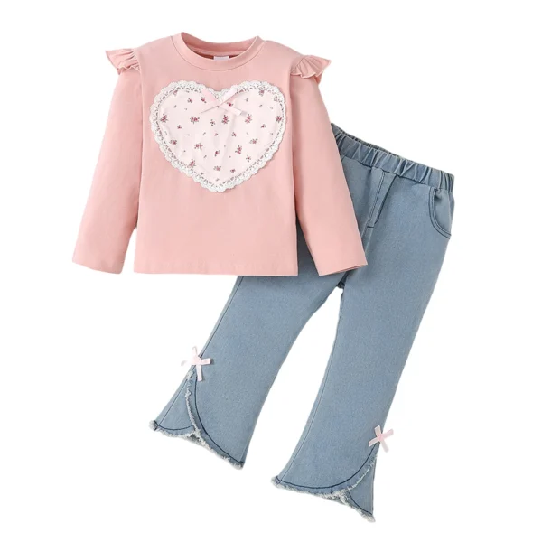 Fashionable Long Sleeve Heart Embroidered Top with Denim Pants Set