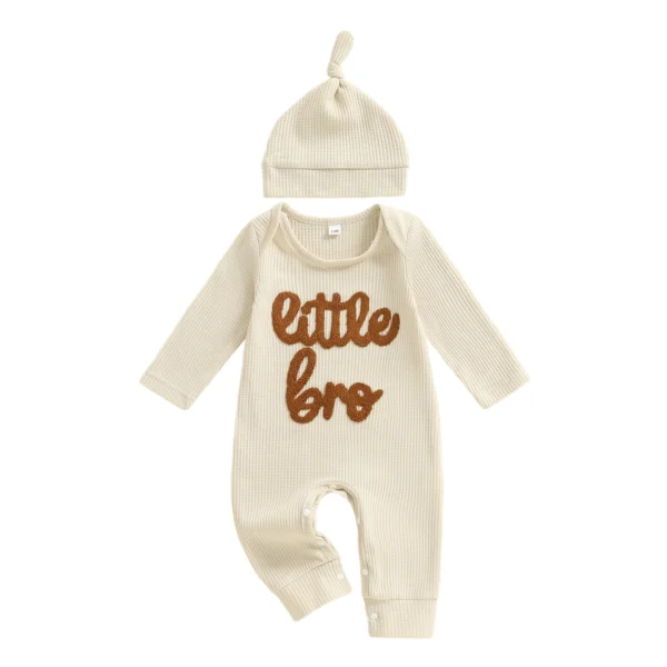 Waffled Long Sleeve Romper with Hat and Letter Embroidery