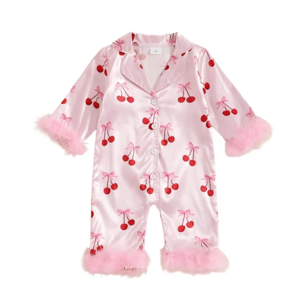 S42c9e7817eb74080a7ec5c470b93b9f90.webp Satin Pajamas with Cherry Print and Furry Cuffs