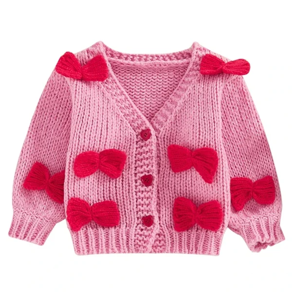 Chunky Knit Cardigan with 3D Bow and Long Sleeves