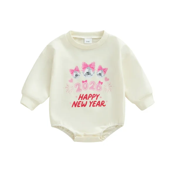 New Year Bow Print Long Sleeve Romper