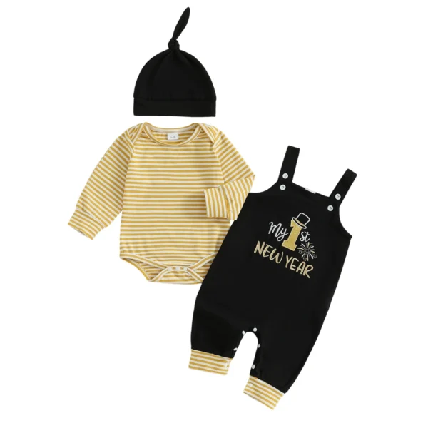 Striped Long Sleeve Jumpsuit with Embroidered Overalls and Hat Set