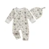 Fashionable Duck and Cow Printed Long Sleeve Romper with Hat