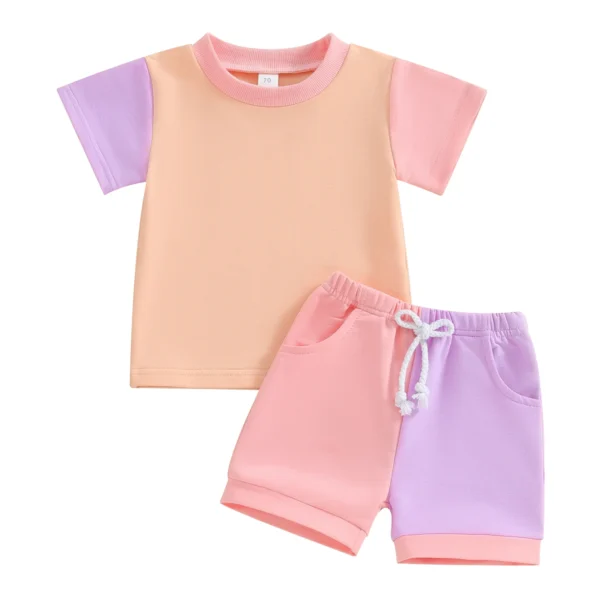 Contrast Color Short Sleeve Top and Drawstring Shorts Set