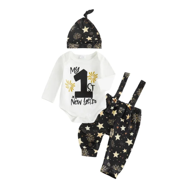 New Year Letter Print Romper and Pants Set with Hat