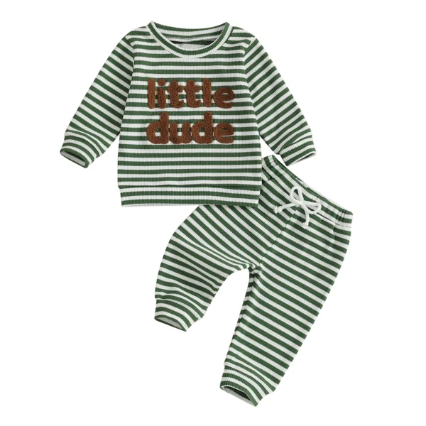 Waffle Striped Long Sleeve Sweatshirt and Elastic Pants Set