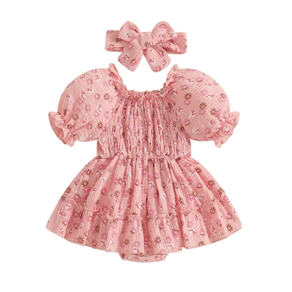 Floral Print Short Sleeve Baby Romper with Headband