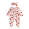 Strawberry Print Long Sleeve Jumpsuit with Bow Headband