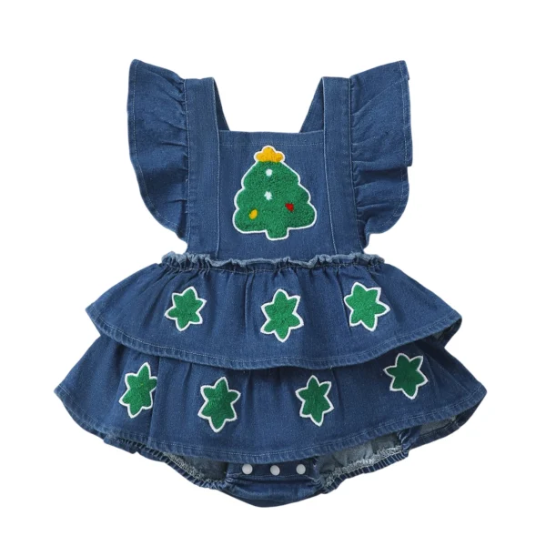 Christmas Tree Embroidery Denim Romper
