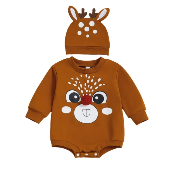Reindeer Print Christmas Baby Romper with Hat Set