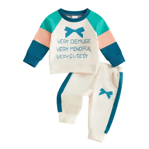 Fall Outfit with Bow Print Long Sleeve Pullover and Elastic Waist Pants Set