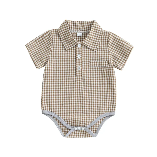 Plaid Short Sleeve Romper with Button-up Neck