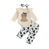 Cow Embroidery Long Sleeve Romper with Pants and Headband Set