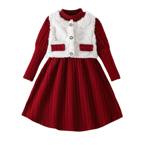 Red Long Sleeve A-line Dress with Plush Vest Coat Set