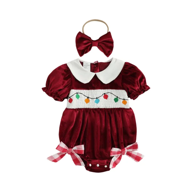 Christmas Velvet Romper with Doll Collar and Headband Set