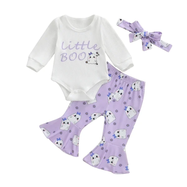 Halloween Pumpkin Print Long Sleeve Romper Set with Headband