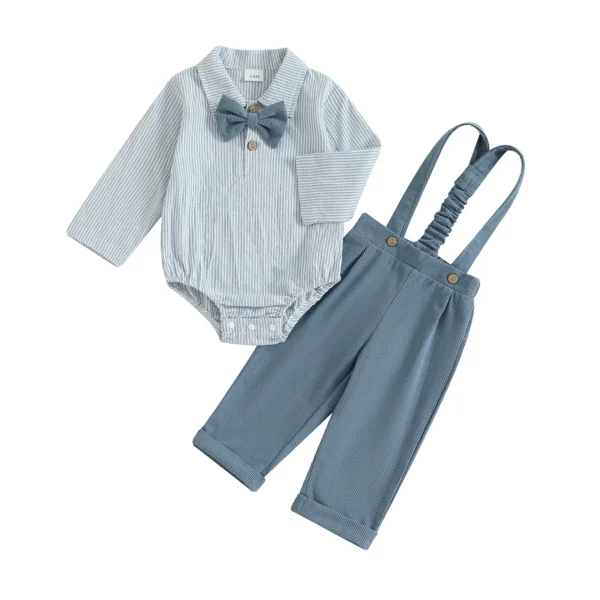 Striped Long Sleeve Romper and Suspender Pants Set