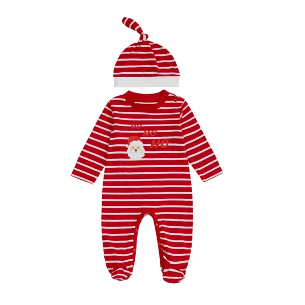 Christmas Striped Baby Romper with Santa Print and Hat
