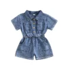 Denim Overalls Shorts with Short Sleeves and Collar