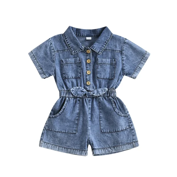 Denim Overalls Shorts with Short Sleeves and Collar