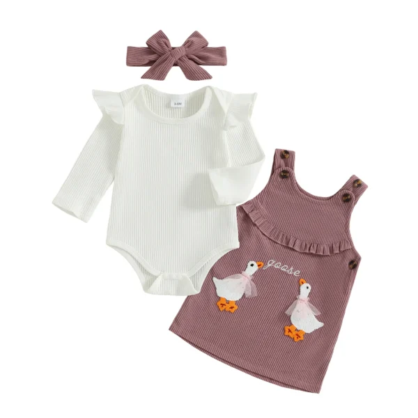 Solid Color Long Sleeve Romper Dress with Bow Headband Set