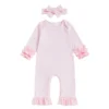 Striped Long Sleeve Ruffled Romper Set with Headband