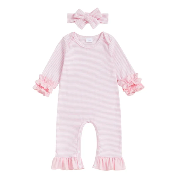 Striped Long Sleeve Ruffled Romper Set with Headband