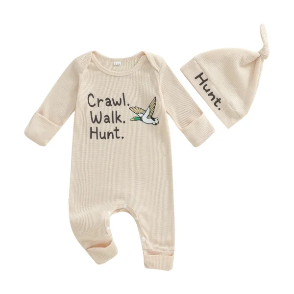 Waffled Long Sleeve Romper with Hat and Bird Print