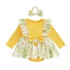 Flower Print Ruffled Romper Dress with Bow Headband Set