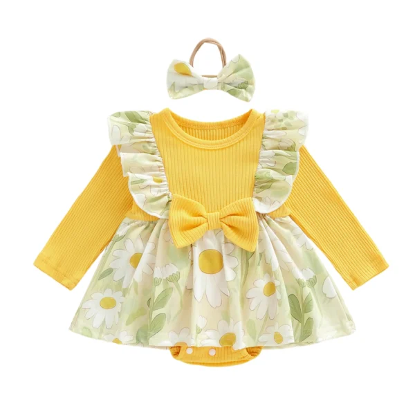 Flower Print Ruffled Romper Dress with Bow Headband Set