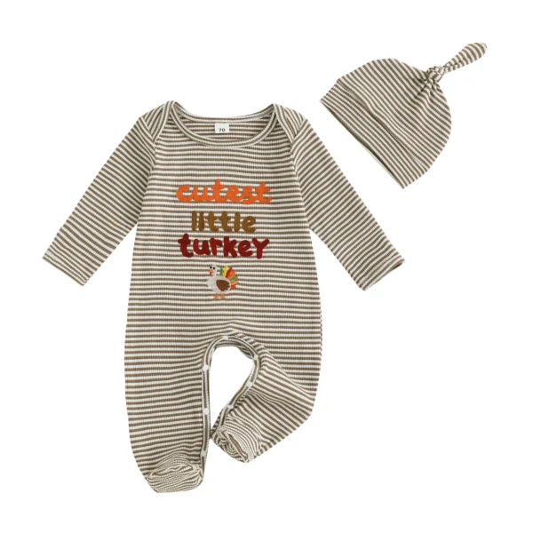Thanksgiving Stripe Romper with Turkey Embroidery and Hat