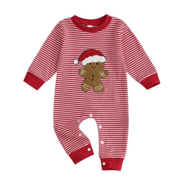 Striped Christmas Gingerbread Man Embroidered Romper