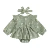 Daisy Print Ruffled Romper Dress with Bow Headband Set