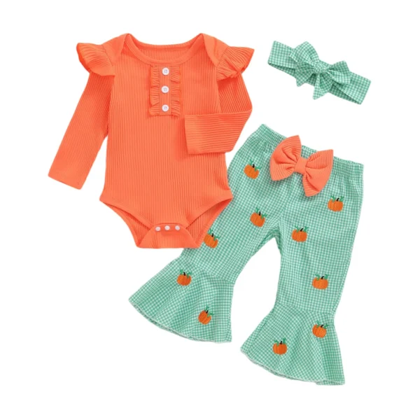 Ruffle Romper with Pumpkin Embroidery and Headband Set