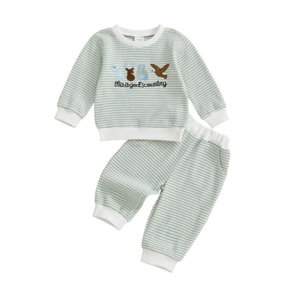Animal Embroidery Top with Striped Pants Set