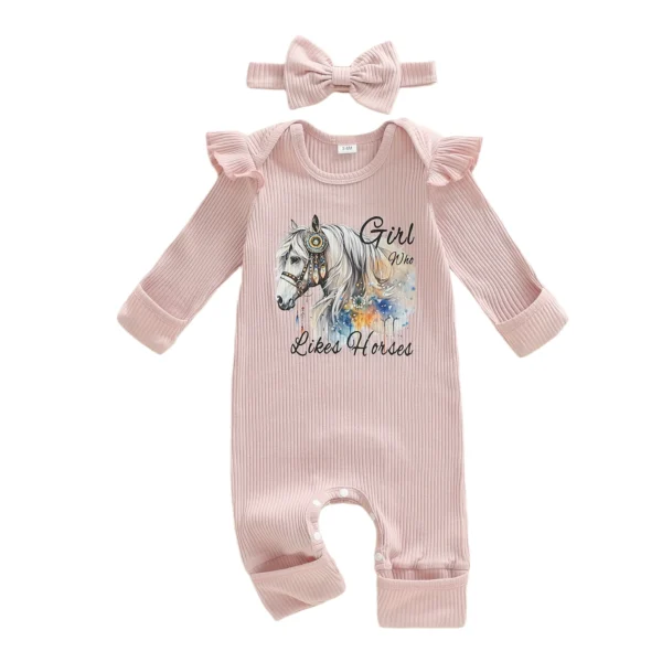 Autumn Horse Print Long Sleeve Romper with Headband