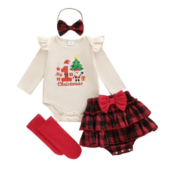 Christmas Embroidered Romper with Layered Shorts and Accessories Set