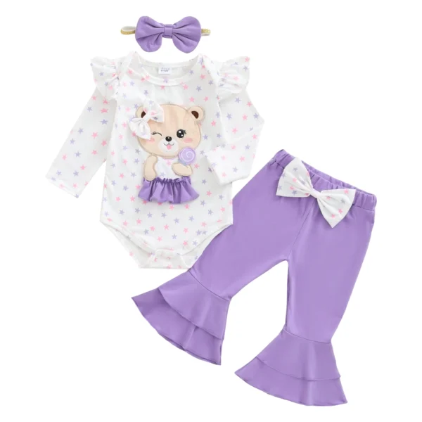 Bear Embroidery Star Print Long Sleeve Romper with Flare Pants and Bow Headband Set