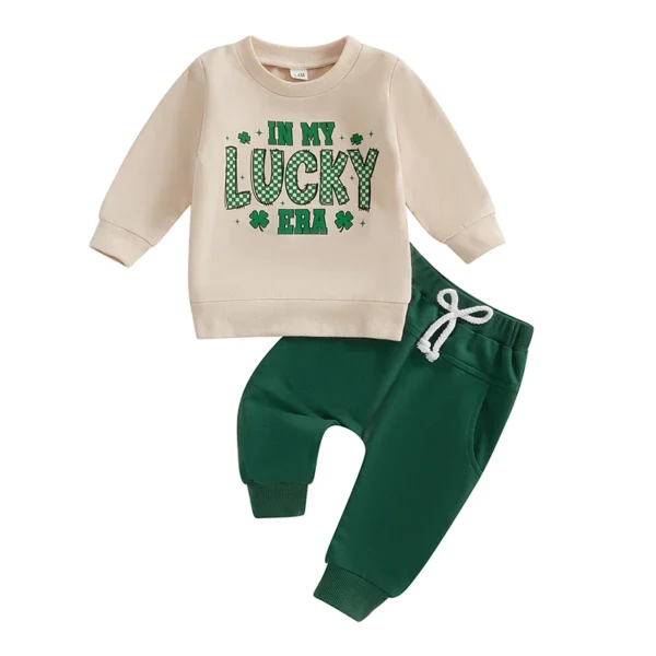 Toddler Irish Day Outfit with Checkerboard and Clover Print Top and Solid Color Pants