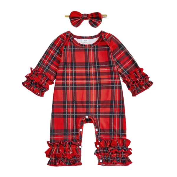 Plaid Long Sleeve Jumpsuit with Bow Headband