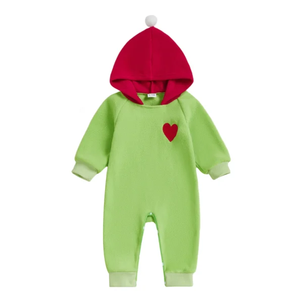 Heart Embroidery Plush Hooded Jumpsuit for Christmas
