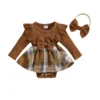 Plaid Skirt Romper Set with Headband for Infants