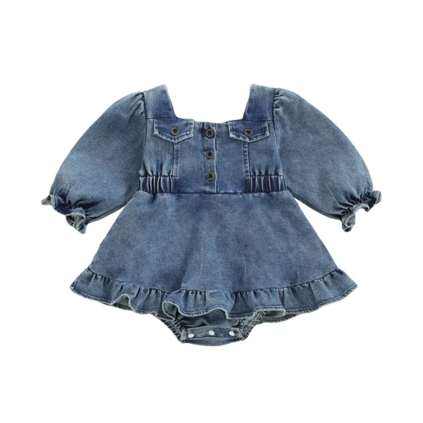 Denim Long Sleeve Romper Dress with Square Neck