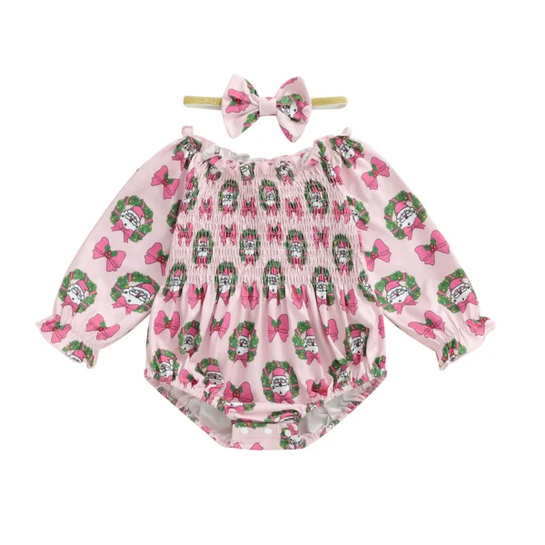 Christmas Santa Print Long Sleeve Romper with Headband Set