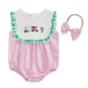Embroidered Golf Romper with Bow Headband and Frill Trim