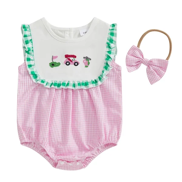Embroidered Golf Romper with Bow Headband and Frill Trim