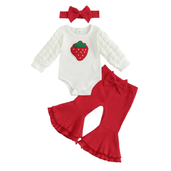 Strawberry Embroidery Bubble Romper with Flare Pants and Bow Headband Set