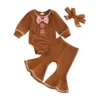 Gingerbread Long Sleeve Romper with Flare Pants and Headband Set